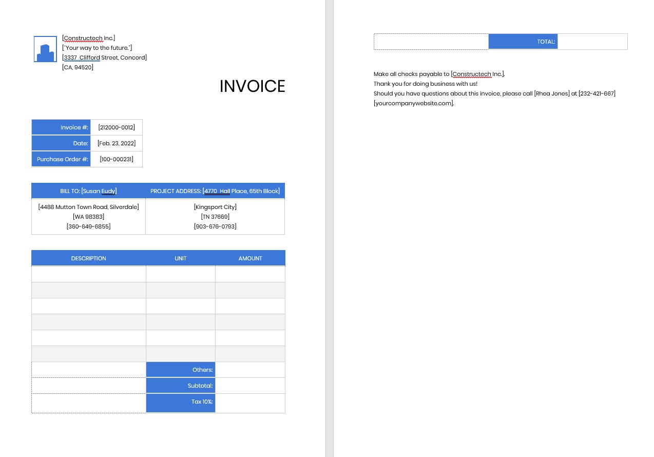 Professional Contractor Invoice Template PSD template